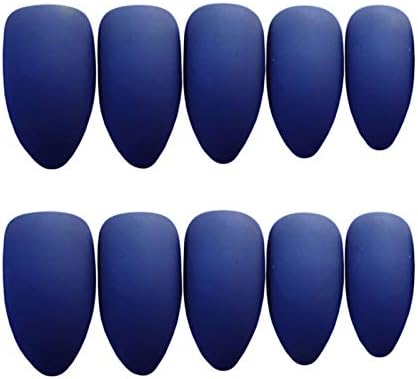 KXJSMAH ציפורניים-טיפים מוצק צבע מלא כיסוי מזויף לחץ על הציפורניים אופנה מט כחול כהה פגיון ארוך עם דבק ציפורניים מלאכותיות