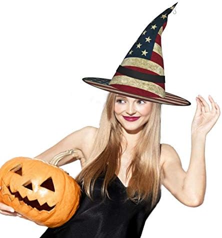 קישוטי ליל כל הקדושים מכשפה כובע, דגל ארה תלוי מואר זוהר המכשפה כובע מקורה, חיצונית, גינה, עצים, עיצוב המסיבה-7 יח'