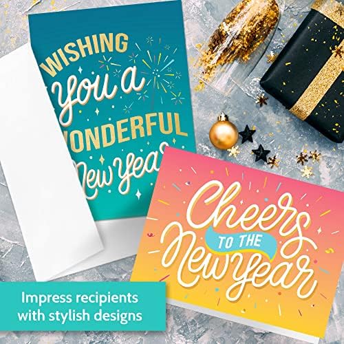 24 כרטיסי שנה חדשה שמחים - 4 מגוון עיצובי כרטיסי הודעות בתוך - בתפזורת החורף ברכה לחג Notecard להגדיר עם מעטפות